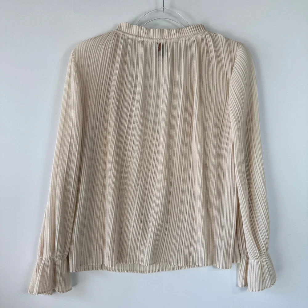 MISA Los Angeles Blouse Womens XS Cream Pleated V-Neck Tie Tassel Ruffle Cuff - Picture 5 of 14
